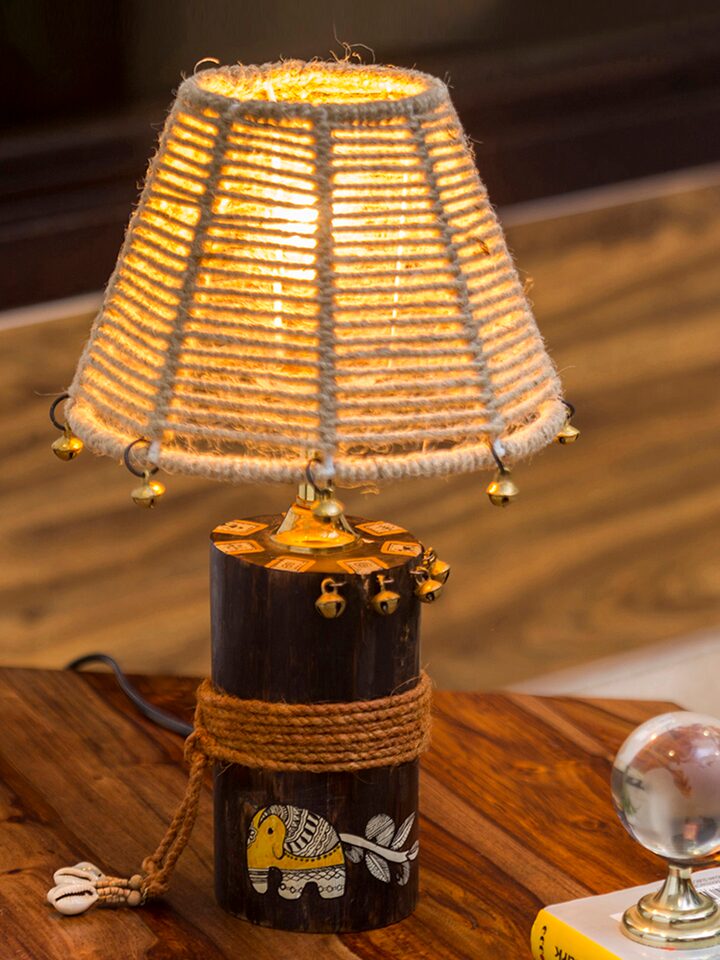 Exclusivelane Brown Madhubani Hand, Lamps Made From Wood Logs