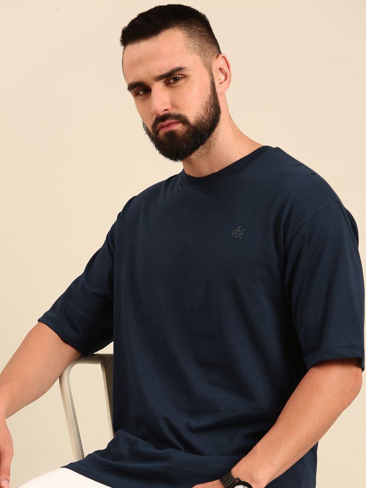 Buy Solid Round Neck T-shirt with Drop Shoulder Sleeves