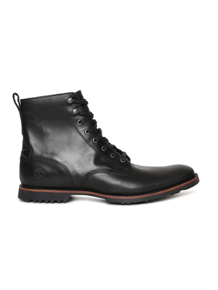 Timberland Men Black Solid Leather Mid Top Flat Boots