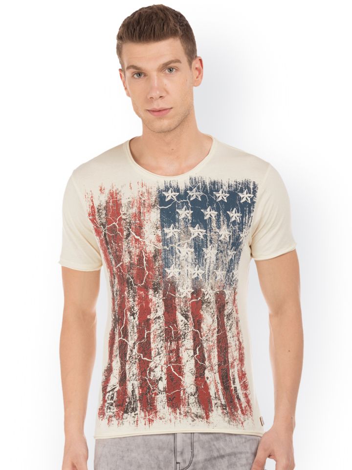 Ed Hardy Men Off White Printed Round Neck T shirt