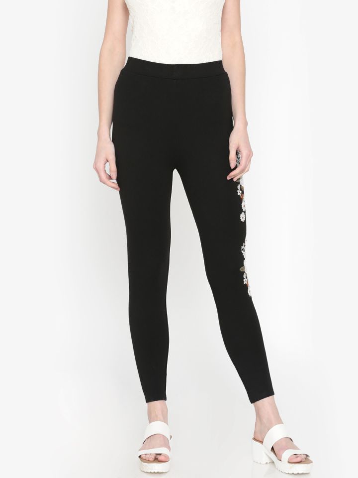 Buy CODE By Lifestyle Black Solid Embroidered Detail Jeggings