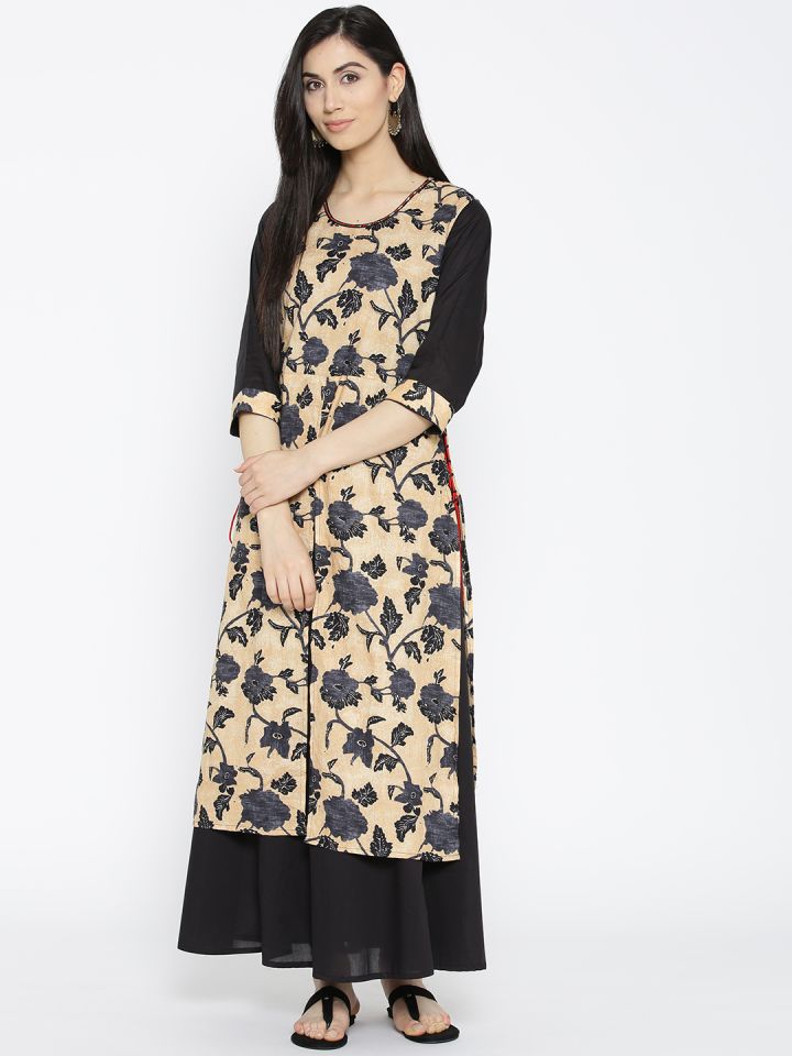 Buy Shree Women Black Beige Floral Print Layered Maxi Dress