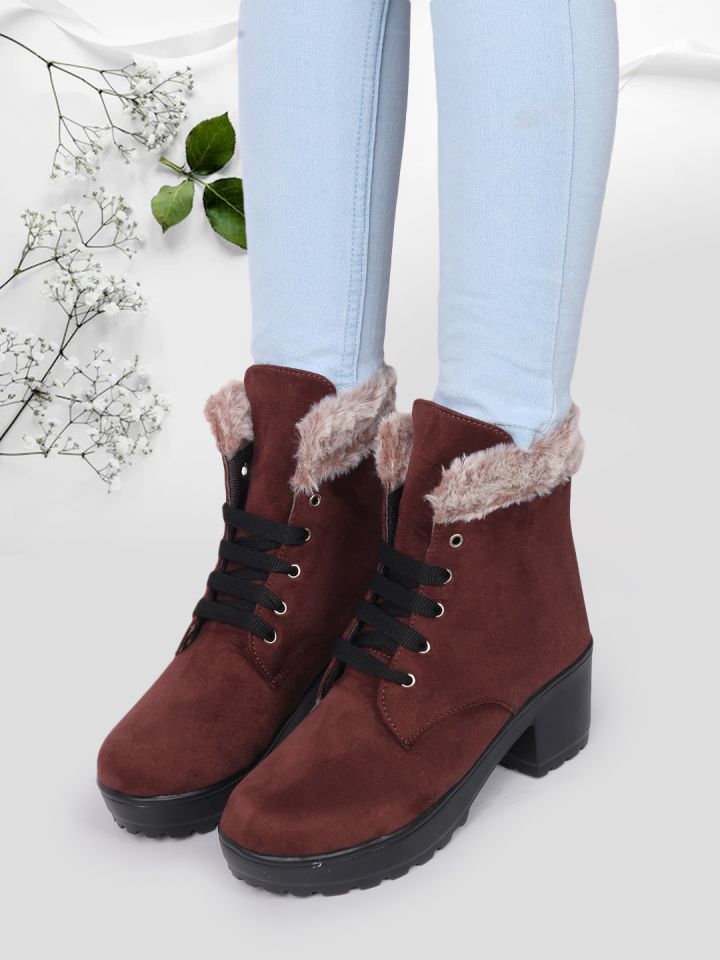 Buy FEET RUNNER Women Faux Fur Trim Heeled Mid Top Winter Boots