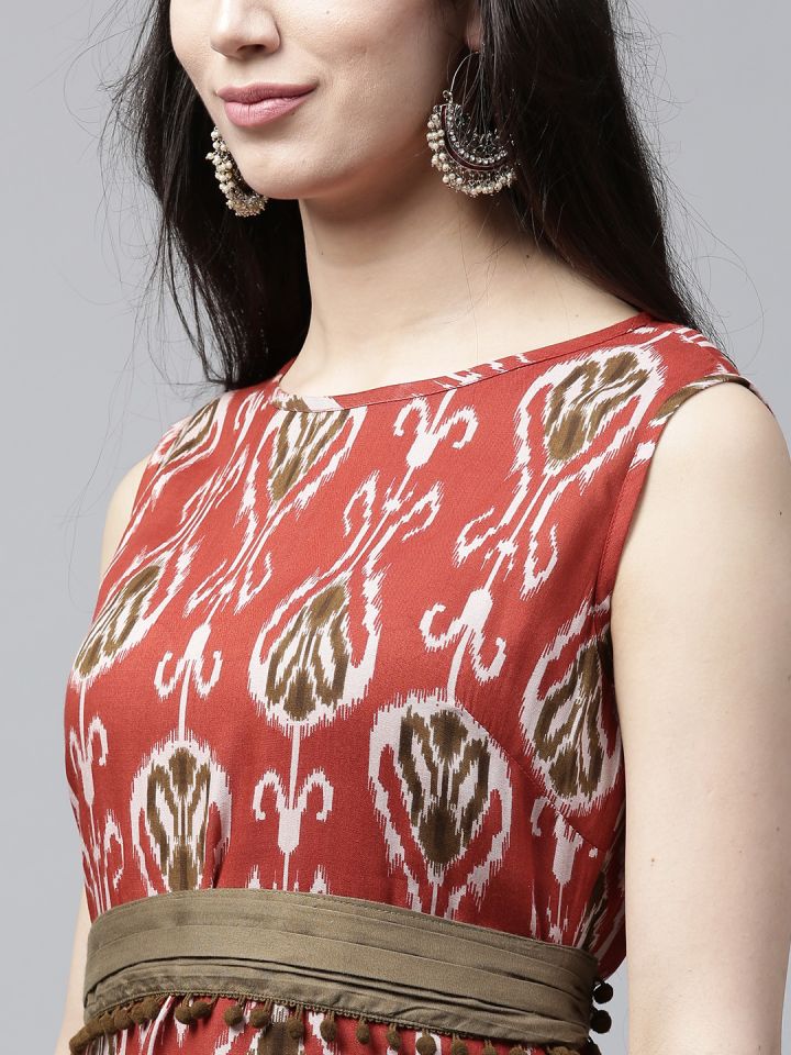 AKS Women Red Off White Printed Maxi Dress