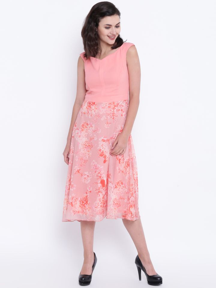 Madame Women Peach Coloured Floral Print Midi Fit Flare Dress