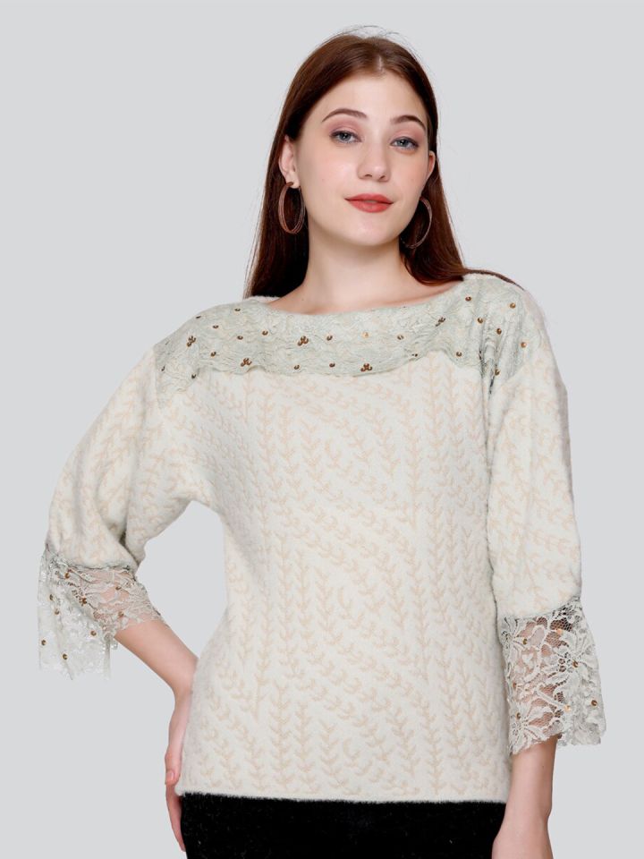 Buy White Longline Tunic With Crochet Bralette, Knitted Merino