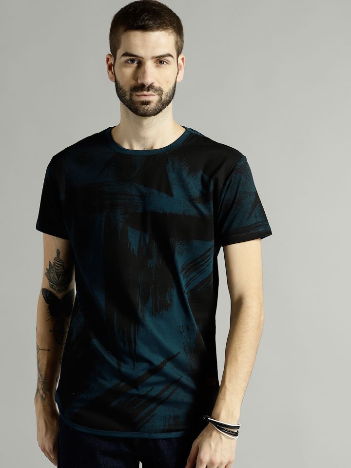 Roadster Men Black Teal Blue Printed Round Neck T shirt