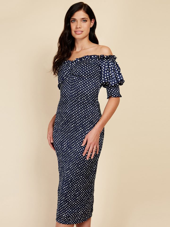 Little Mistress Polka Dots Off Shoulder Smocked Bodycon Midi Dress