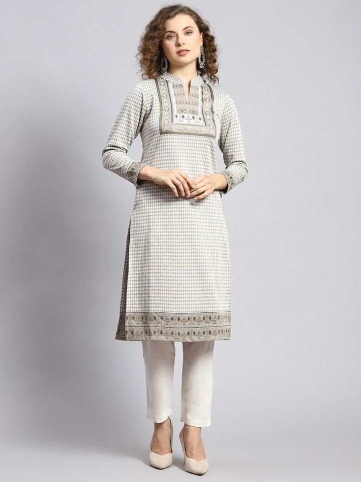 Monte Carlo Checked Mandarin Collar Woolen Straight Kurta