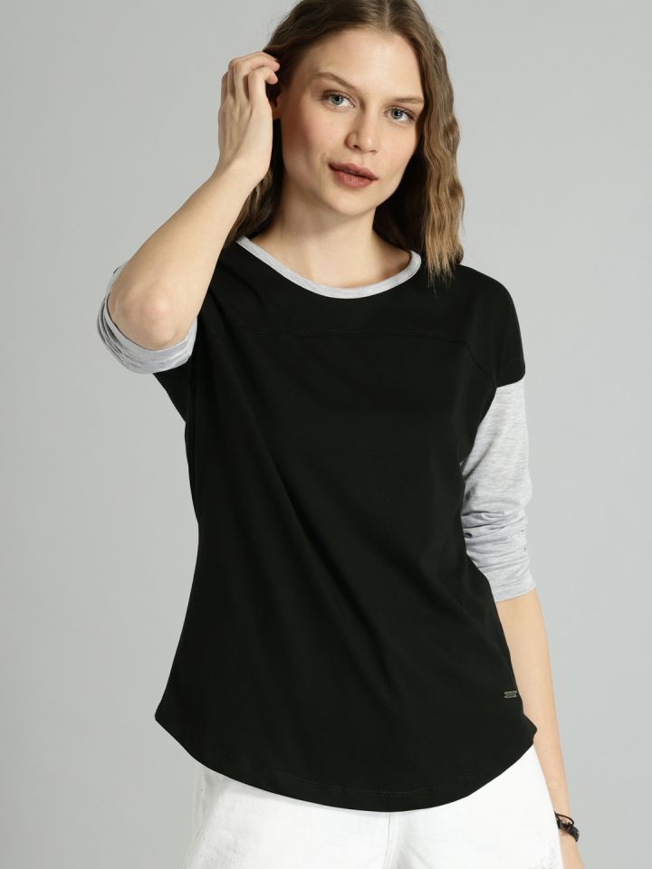 Roadster Women Grey Melange Solid Round Neck Baseball T-shirt (XS) by Myntra