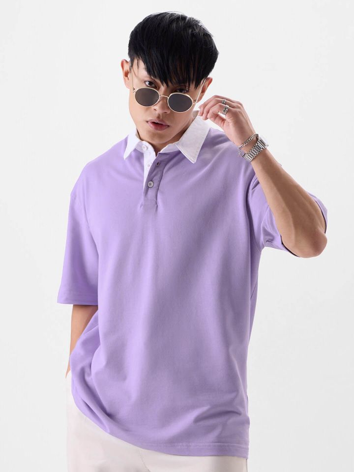 The Souled Store Lavender Oversized Polo Collar Pure Cotton Casual T shirt