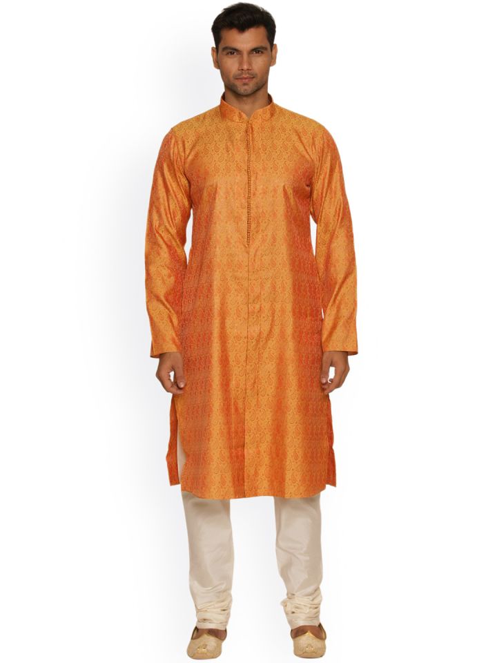 Buy Manyavar Men Orange Cream Coloured Self Design Kurta With Churidar Kurta Sets For Men 2526349 Myntra Every size available in this dress. manyavar men orange cream coloured self design kurta with churidar