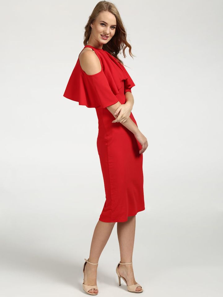 StalkBuyLove Women Red Solid Cold Shoulder Bodycon Dress