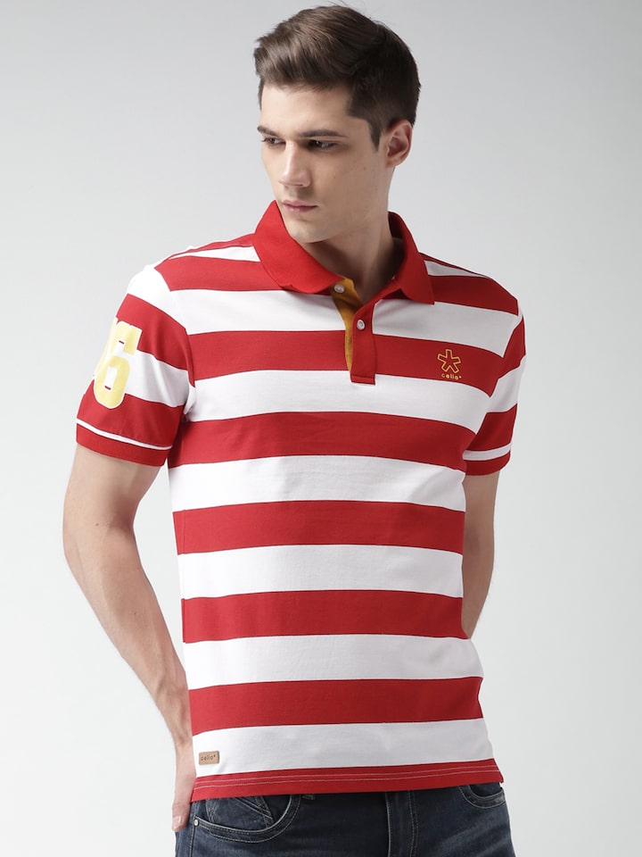 Celio Men Red White Striped Polo, Mens Red And White Striped Rugby Shirt