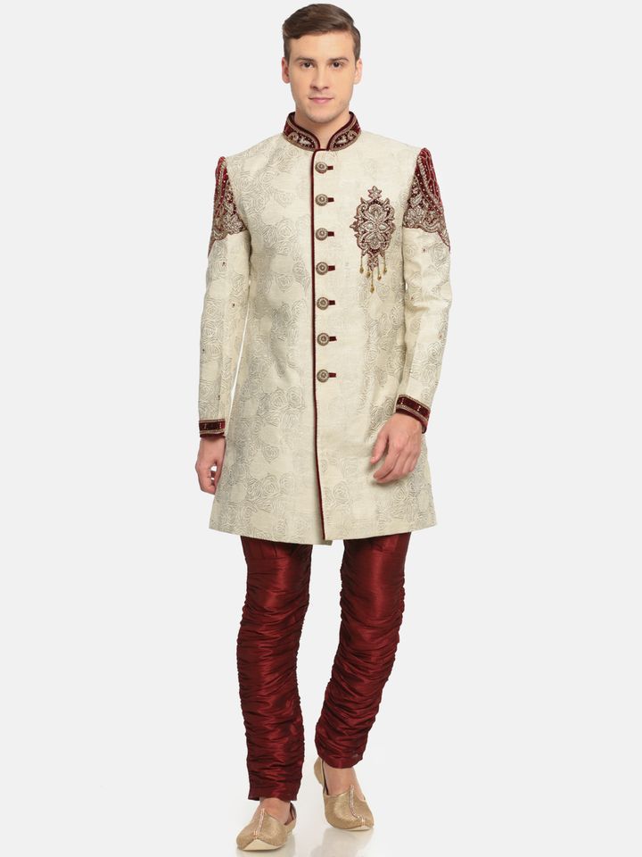 Buy The Chennai Silks Classicate Men Beige Maroon Patterned Sherwani Sherwani For Men 2531779 Myntra Puneetandnidhi presents wide collection of wedding sherwani for men in noida, delhi ncr & california. myntra