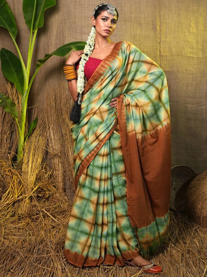 Buy Unnati Silks Checked Pure Cotton Leheriya Saree Sarees for