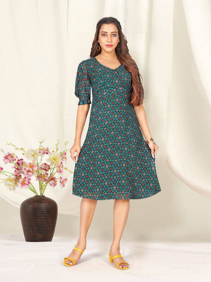 Buy FASHION DREAM Floral Printed V Neck Georgette A Line Dress