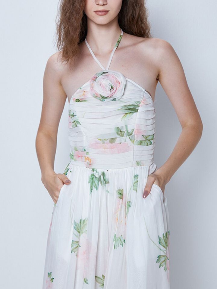 Buy COVER STORY White Floral Printed Halter Neck Pleated Bow