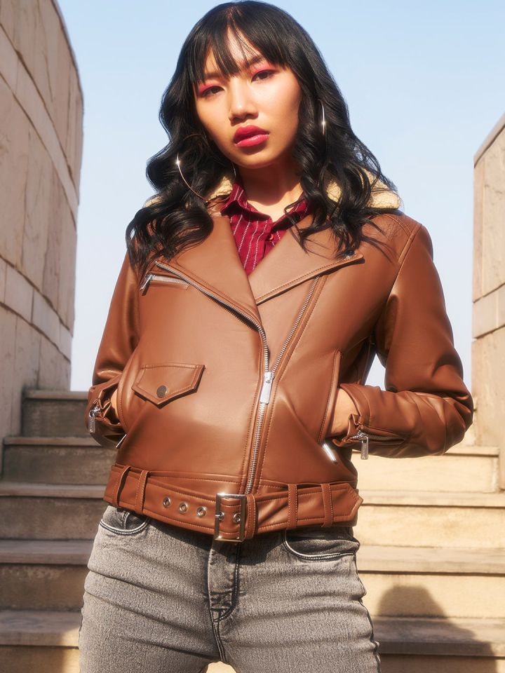 Buy Crimsoune Club Lapel Collar Crop Biker Jacket Jackets for