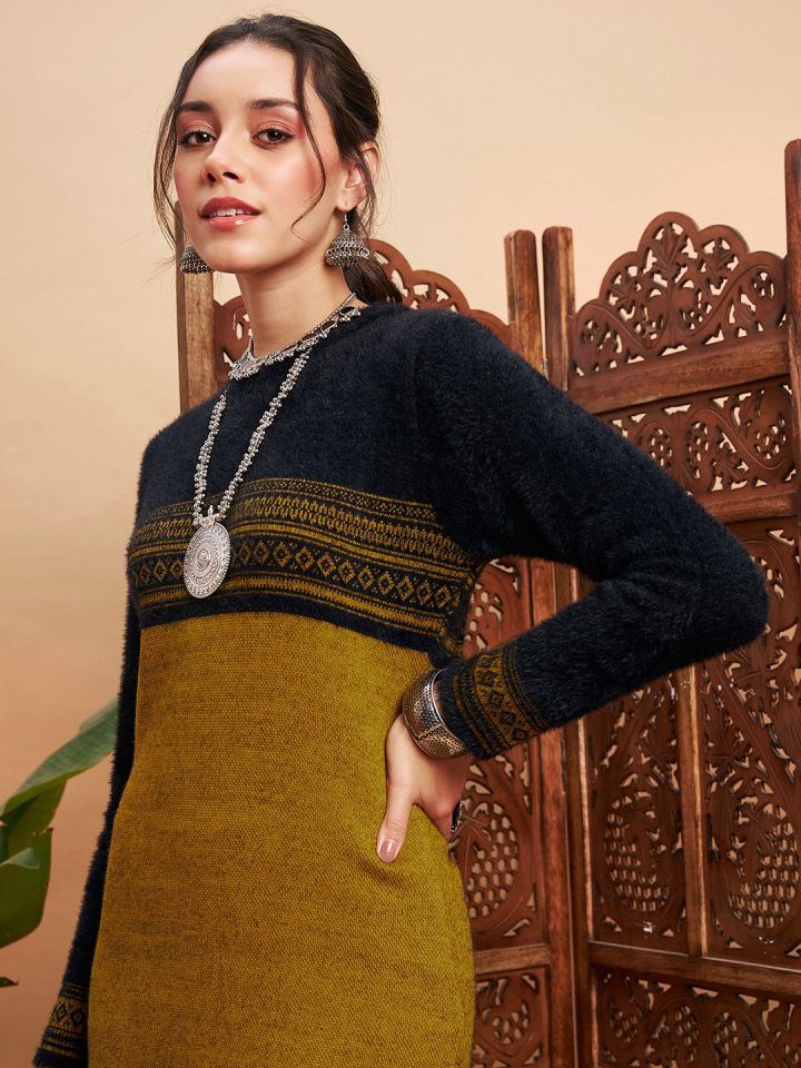 Shae by SASSAFRAS Mustard Yellow Geometric Self Design Woolen Straight Kurta