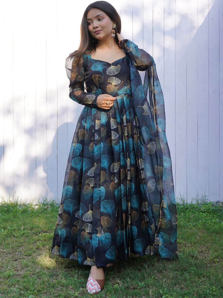 BLACK SCISSOR Floral Printed Maxi Gown With Dupatta