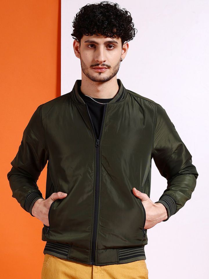 The Indian Garage Co Men Olive Green Floral Striped Outdoor Tailored Jacket