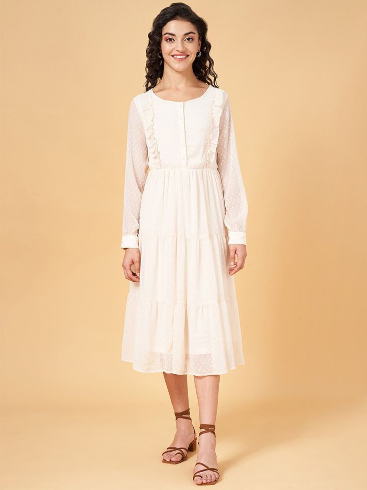 YU by Pantaloons Self Design Gathered Pure Cotton Fit Flare Midi Dress