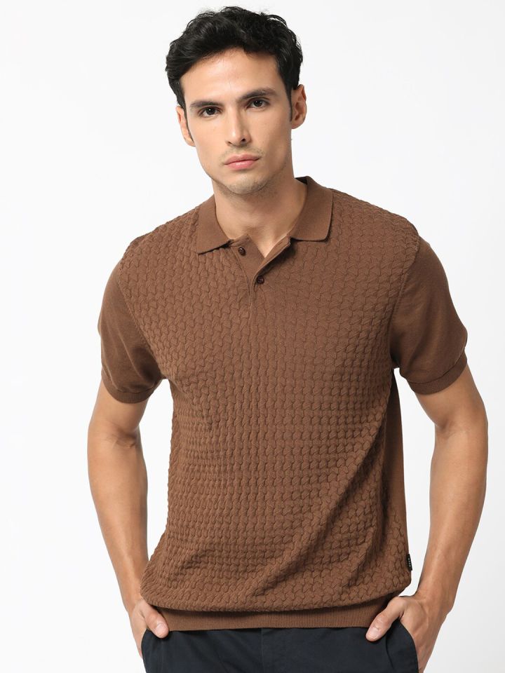 RARE RABBIT Self Design Polo Collar Slim Fit Cotton T Shirt