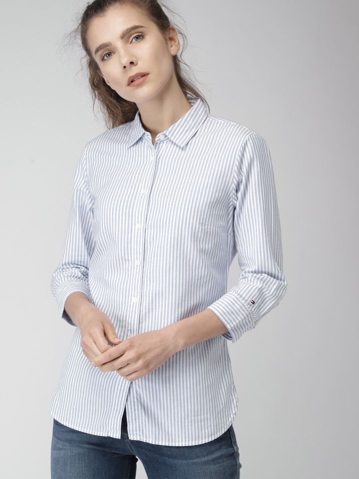 Buy Tommy Hilfiger Blue & White Slim Striped Casual Shirt - Shirts for Women 2585587