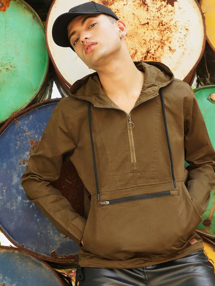 Campus Sutra Hooded Windcheater Half Zipper Tailored Jacket