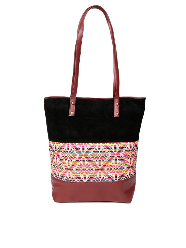 Buy Kanvas Katha Black Maroon Self Design Tote Bag Handbags