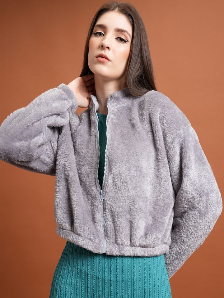 Tokyo Talkies Stand Collar Faux Fur Trim Open Front Crop Jacket