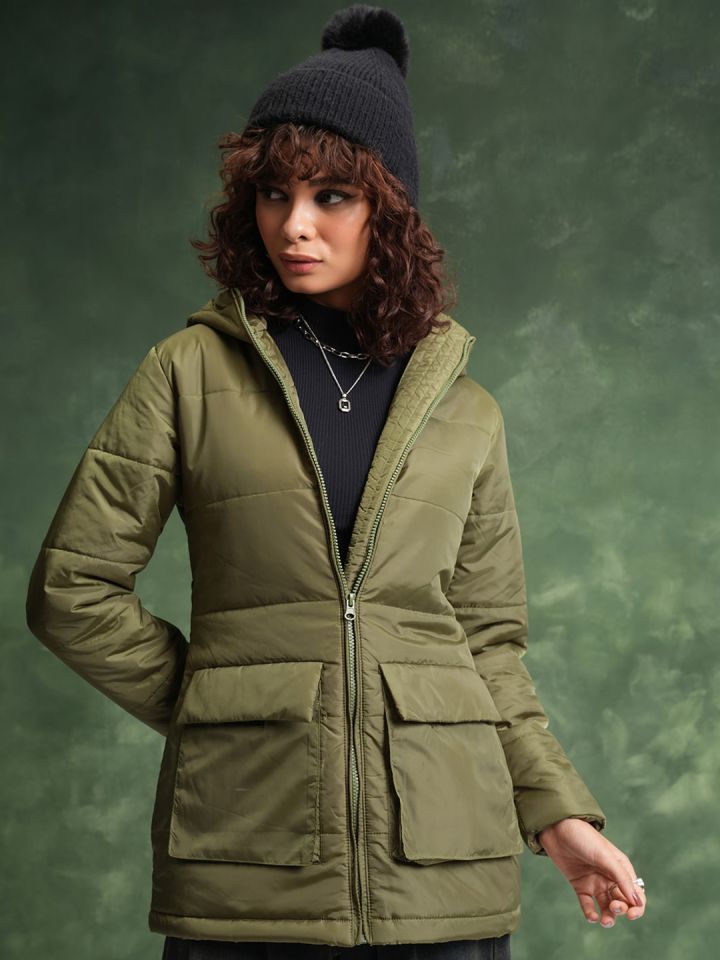 Olive green puffer coat with fur hood outlet
