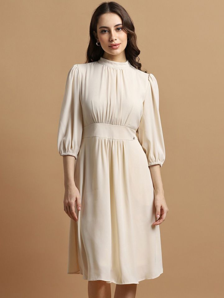 Allen Solly Woman Round Neck Puff Sleeve Gathered Fit Flare Dress
