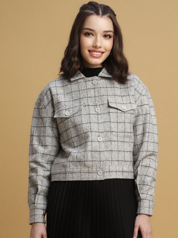 Buy FOREVER 21 Grey Checked Spread Collar Crop Tailored Jacket