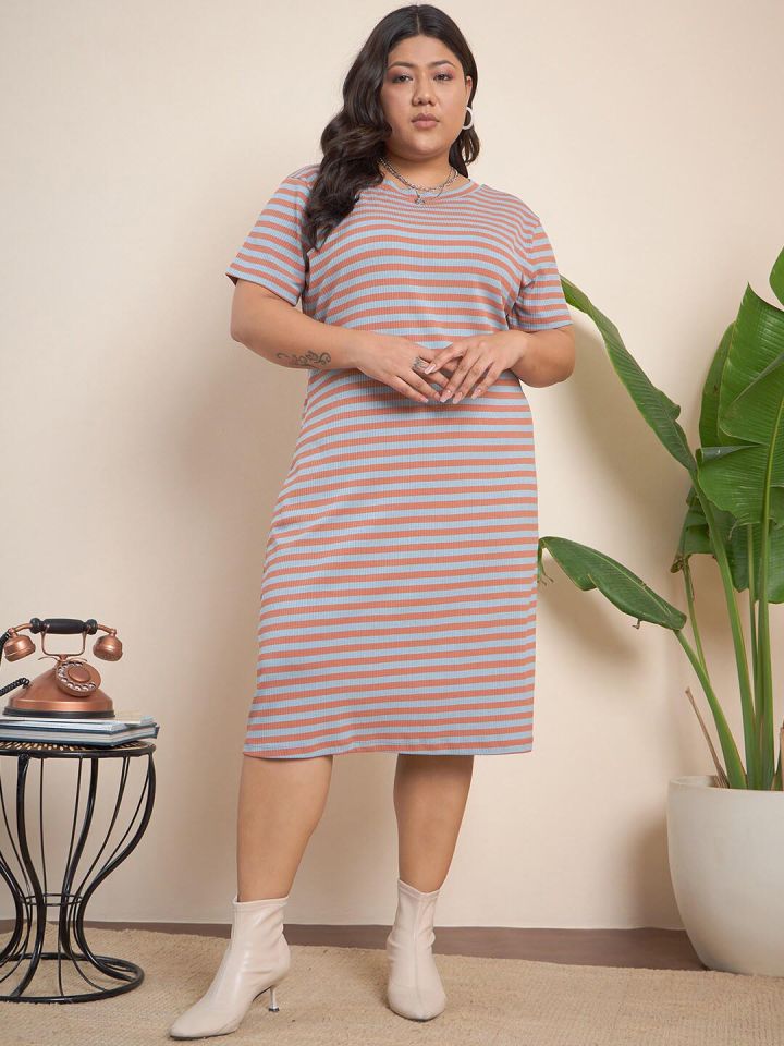 Buy CURVY STREET Maroon Plus Size Striped Midi T Shirt Dress