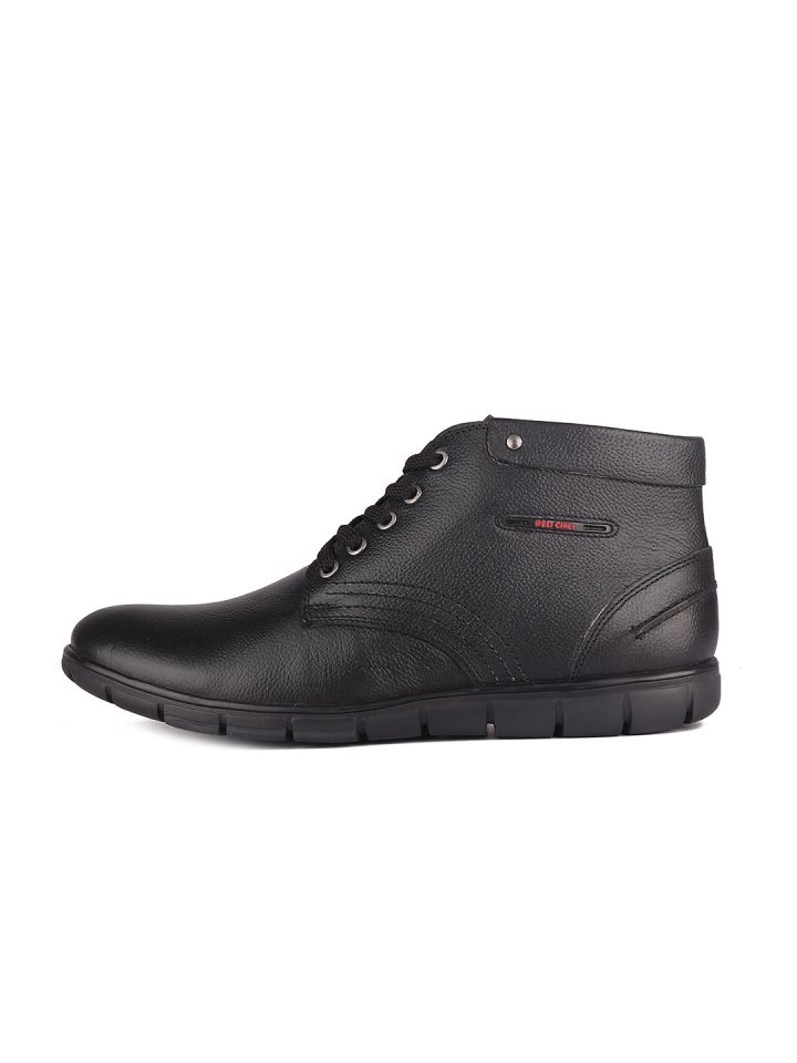 Red Chief Men Black Solid Leather Mid Top Flat Boots