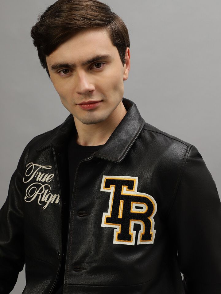 Buy True Religion Typography Printed Leather Open Front Jacket