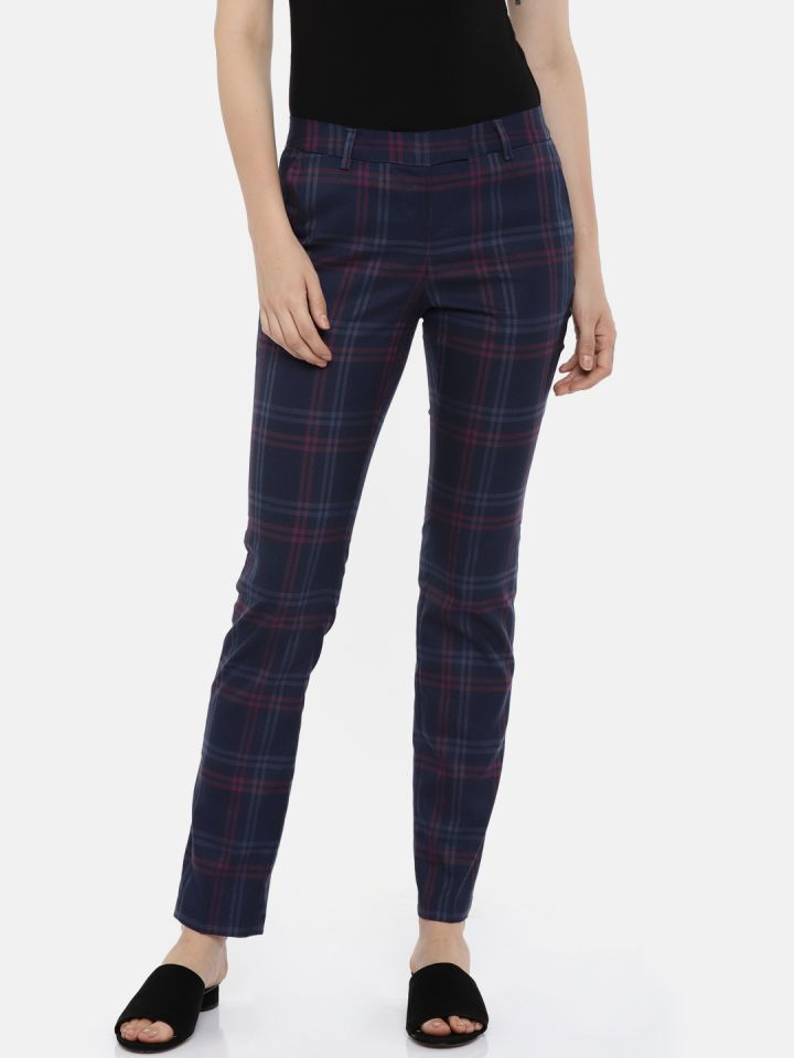 Buy ALLEN SOLLY Dark Blue Womens 2 Pocket Check Pants  Shoppers Stop