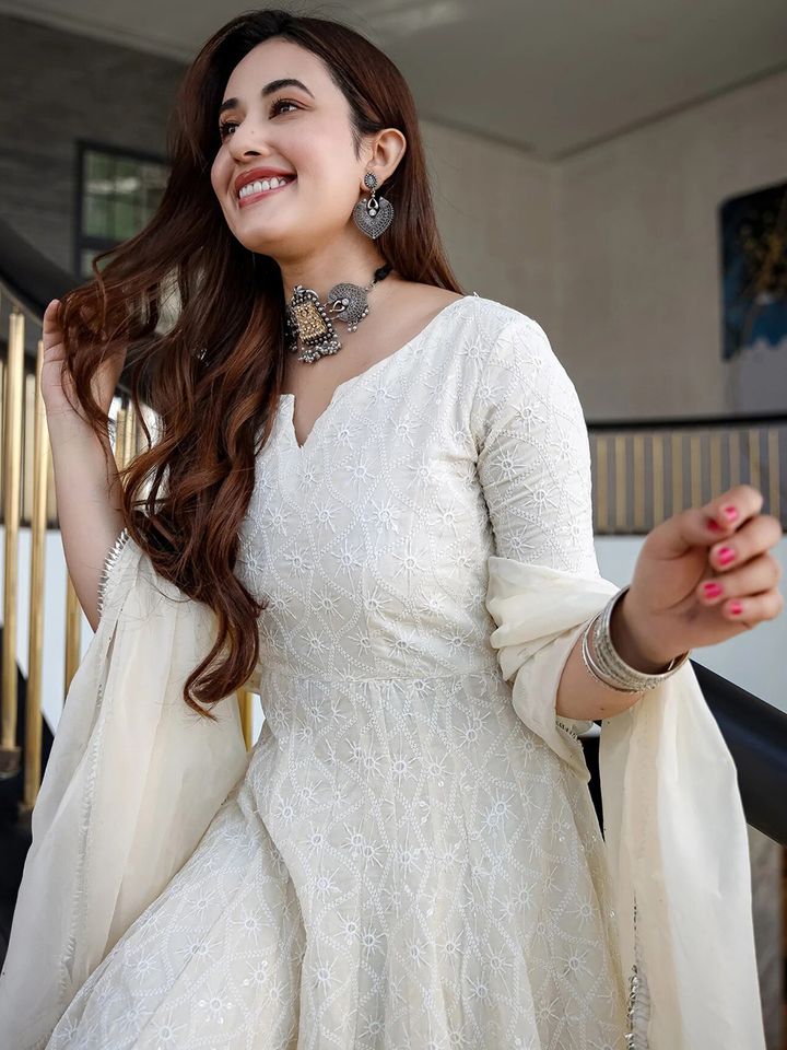 Royal Export Ethnic Motifs Embroidered Cotton Fit Flare Maxi Ethnic Dress  With Dupatta