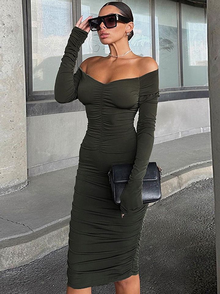 Off the shoulder bodycon midi dress sales