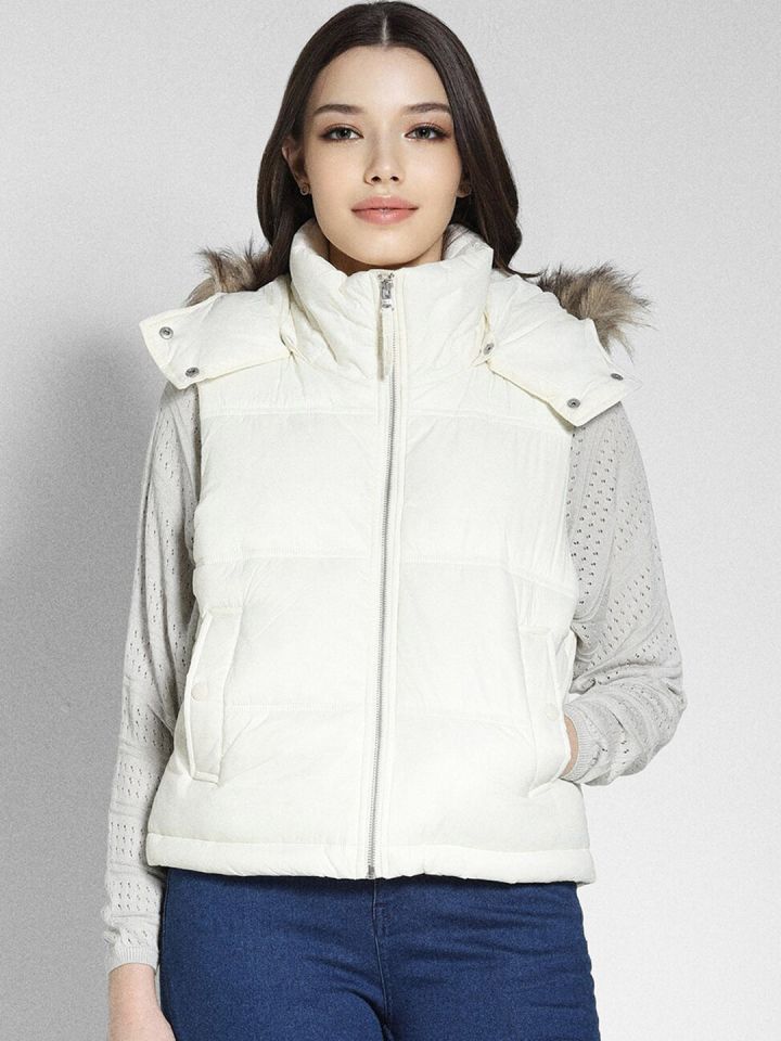 Buy AMERICAN EAGLE OUTFITTERS Hooded Sleeveless Faux Fur Trim Blue