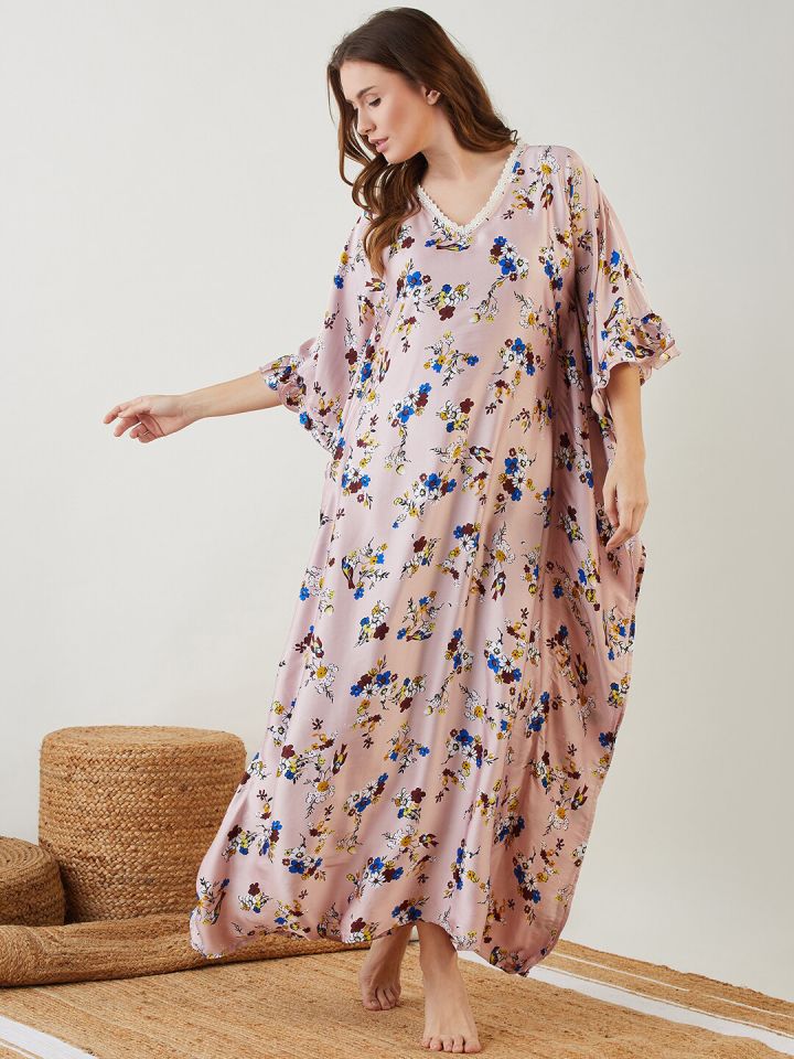 Buy The Kaftan Company Floral Printed V Neck Satin Maxi Kaftan