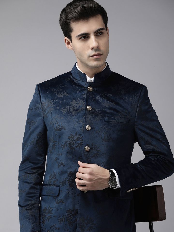 Van Heusen Printed Slim Fit Bandhgala Velvet Party Blazer