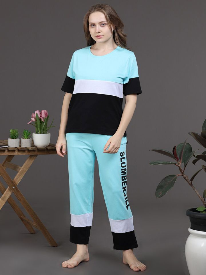 Buy Slumber Jill Colourblocked Pure Cotton T Shirt With Pyjamas