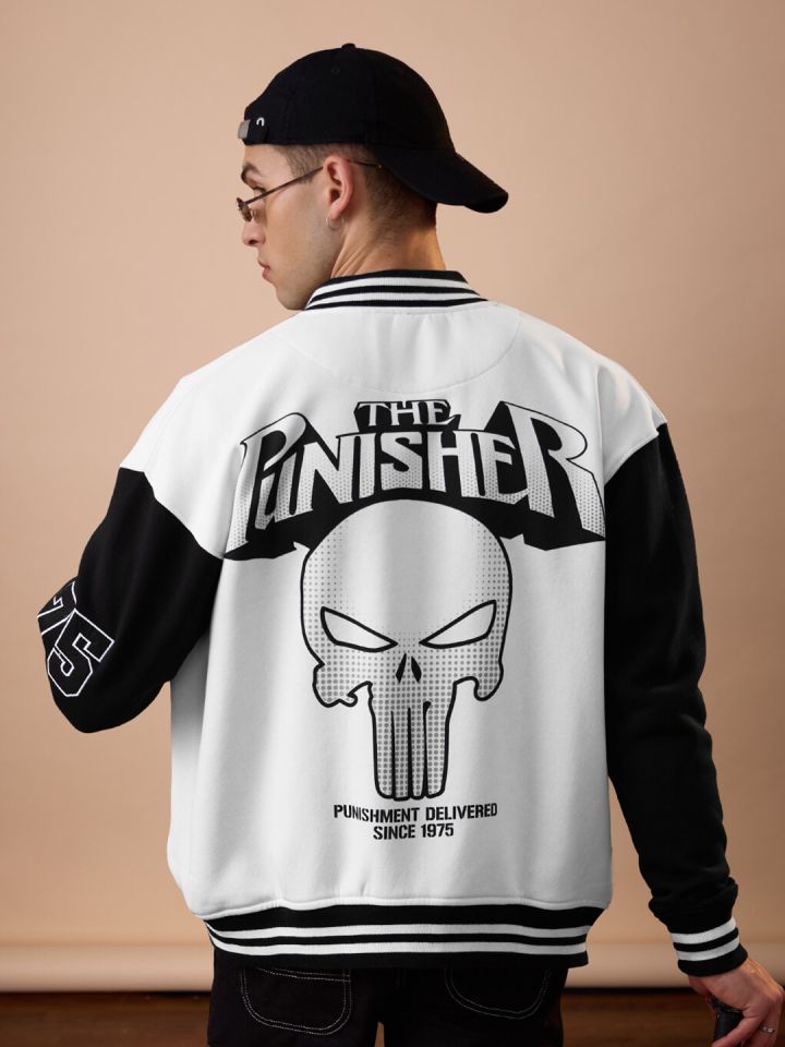 The Souled Store White Punisher Printed Lightweight Varsity Jacket