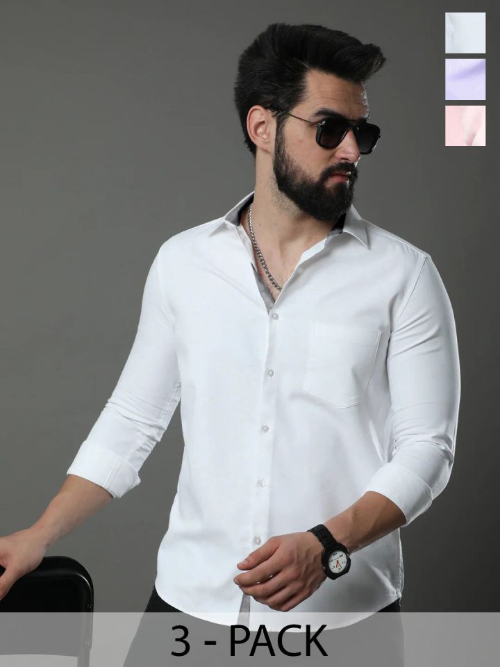 Buy 1 Stop Fashion Pack Of 3 Opaque Slim Fit Cotton Casual Shirt