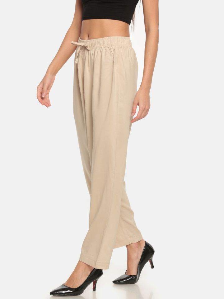 Buy Go Colors Women Beige Solid Relaxed Fit Casual Trousers