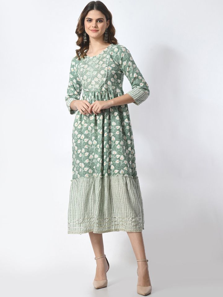 Floral Printed Thread Work Fit & Flare Ethnic Dress