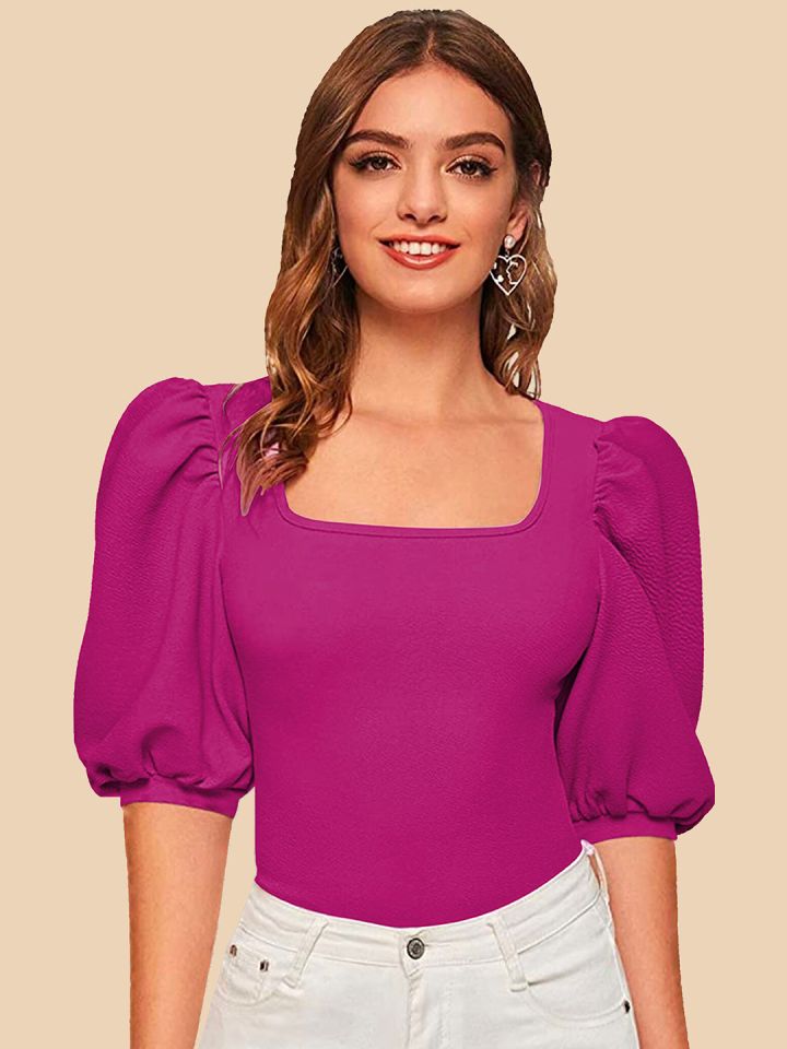 Women Solid Red Round Neck Puff Sleeves Styled Tie-Up Back Crepe Cropped  Top - Berrylush
